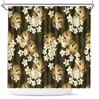 Gold Tropical Hawaii Shower Curtain Seamless Monstera Plumeria Hawaiian Pattern - Polynesian Pride