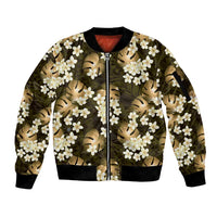 Gold Tropical Hawaii Sleeve Zip Bomber Jacket Seamless Monstera Plumeria Hawaiian Pattern - Polynesian Pride
