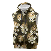 Gold Tropical Hawaii Sleeveless Zip Hoodie Seamless Monstera Plumeria Hawaiian Pattern - Polynesian Pride
