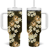 Gold Tropical Hawaii Tumbler With Handle Seamless Monstera Plumeria Hawaiian Pattern - Polynesian Pride