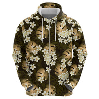 Gold Tropical Hawaii Zip Hoodie Seamless Monstera Plumeria Hawaiian Pattern - Polynesian Pride