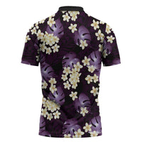 Purple Tropical Hawaii Zipper Polo Shirt Seamless Monstera Plumeria Hawaiian Pattern - Polynesian Pride