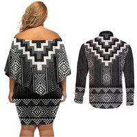 Black Taniko Aotearoa Couples Matching Off Shoulder Short Dress and Long Sleeve Button Shirt Niho Taniwha Mix Poutama LT14 - Polynesian Pride