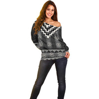 Black Taniko Aotearoa Off Shoulder Sweater Niho Taniwha Mix Poutama LT14