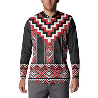 Red Taniko Aotearoa Button Sweatshirt Niho Taniwha Mix Poutama LT14