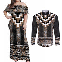 Brown Taniko Aotearoa Couples Matching Off Shoulder Maxi Dress and Long Sleeve Button Shirt Niho Taniwha Mix Poutama LT14 Brown - Polynesian Pride