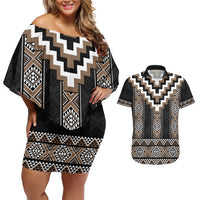 Brown Taniko Aotearoa Couples Matching Off Shoulder Short Dress and Hawaiian Shirt Niho Taniwha Mix Poutama LT14