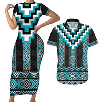 Turquoise Taniko Pattern Aotearoa Couples Matching Short Sleeve Bodycon Dress and Hawaiian Shirt Niho Taniwha Mix Poutama LT14
