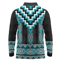 Turquoise Taniko Pattern Aotearoa Long Sleeve Polo Shirt Niho Taniwha Mix Poutama LT14 - Polynesian Pride