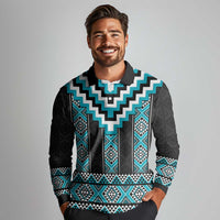Turquoise Taniko Pattern Aotearoa Long Sleeve Polo Shirt Niho Taniwha Mix Poutama LT14 - Polynesian Pride