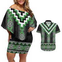Green Taniko Pattern Aotearoa Couples Matching Off Shoulder Short Dress and Hawaiian Shirt Niho Taniwha Mix Poutama LT14