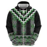 Green Taniko Pattern Aotearoa Zip Hoodie Niho Taniwha Mix Poutama LT14