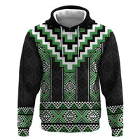 Green Taniko Pattern Aotearoa Zip Hoodie Niho Taniwha Mix Poutama LT14