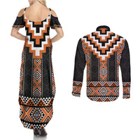 Orange Taniko Pattern Aotearoa Couples Matching Summer Maxi Dress and Long Sleeve Button Shirt Niho Taniwha Mix Poutama LT14