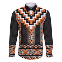 Orange Taniko Pattern Aotearoa Family Matching Puletasi and Hawaiian Shirt Niho Taniwha Mix Poutama LT14 Dad's Shirt - Long Sleeve Orange - Polynesian Pride