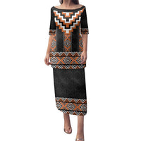 Orange Taniko Pattern Aotearoa Family Matching Puletasi and Hawaiian Shirt Niho Taniwha Mix Poutama LT14 Mom's Dress Orange - Polynesian Pride