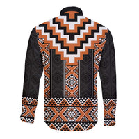 Orange Taniko Pattern Aotearoa Long Sleeve Button Shirt Niho Taniwha Mix Poutama LT14