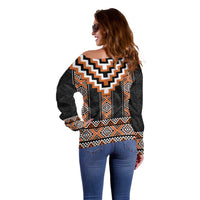 Orange Taniko Pattern Aotearoa Off Shoulder Sweater Niho Taniwha Mix Poutama LT14