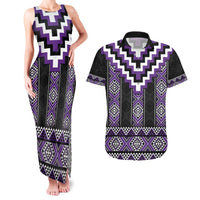 Purple Taniko Pattern Aotearoa Couples Matching Tank Maxi Dress and Hawaiian Shirt Niho Taniwha Mix Poutama LT14