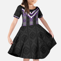 Purple Taniko Pattern Aotearoa Family Matching Puletasi and Hawaiian Shirt Niho Taniwha Mix Poutama LT14 Daughter's Dress Purple - Polynesian Pride