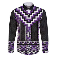 Purple Taniko Pattern Aotearoa Family Matching Puletasi and Hawaiian Shirt Niho Taniwha Mix Poutama LT14 Dad's Shirt - Long Sleeve Purple - Polynesian Pride