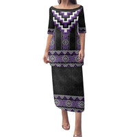 Purple Taniko Pattern Aotearoa Family Matching Puletasi and Hawaiian Shirt Niho Taniwha Mix Poutama LT14 Mom's Dress Purple - Polynesian Pride