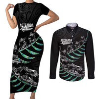 Custom New Zealand Silver Fern Rugby Couples Matching Short Sleeve Bodycon Dress and Long Sleeve Button Shirt Aotearoa Kiwi Maori Pattern