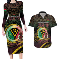 Personalised Vanuatu Couples Matching Long Sleeve Bodycon Dress and Hawaiian Shirt Yumi 46th Hapi Independens Dei - Black Version LT14 Black - Polynesian Pride