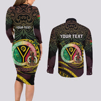 Personalised Vanuatu Couples Matching Long Sleeve Bodycon Dress and Long Sleeve Button Shirt Yumi 46th Hapi Independens Dei - Black Version LT14 - Polynesian Pride