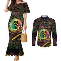 Personalised Vanuatu Couples Matching Mermaid Dress and Long Sleeve Button Shirt Yumi 46th Hapi Independens Dei - Black Version LT14 Black - Polynesian Pride