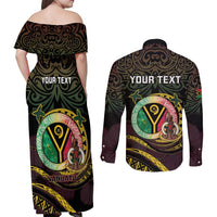 Personalised Vanuatu Couples Matching Off Shoulder Maxi Dress and Long Sleeve Button Shirt Yumi 46th Hapi Independens Dei - Black Version LT14 - Polynesian Pride