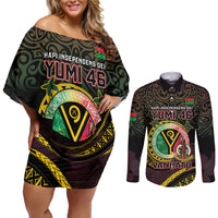 Personalised Vanuatu Couples Matching Off Shoulder Short Dress and Long Sleeve Button Shirt Yumi 46th Hapi Independens Dei - Black Version LT14 Black - Polynesian Pride