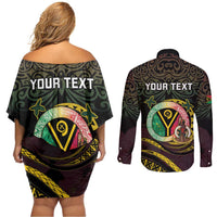 Personalised Vanuatu Couples Matching Off Shoulder Short Dress and Long Sleeve Button Shirt Yumi 46th Hapi Independens Dei - Black Version LT14 - Polynesian Pride
