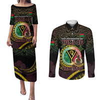 Personalised Vanuatu Couples Matching Puletasi and Long Sleeve Button Shirt Yumi 46th Hapi Independens Dei - Black Version LT14 Black - Polynesian Pride