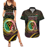 Personalised Vanuatu Couples Matching Summer Maxi Dress and Hawaiian Shirt Yumi 46th Hapi Independens Dei - Black Version LT14 Black - Polynesian Pride