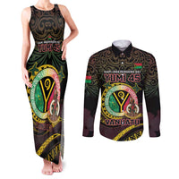 Personalised Vanuatu Couples Matching Tank Maxi Dress and Long Sleeve Button Shirt Yumi 46th Hapi Independens Dei - Black Version LT14 Black - Polynesian Pride