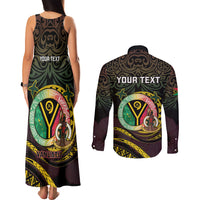 Personalised Vanuatu Couples Matching Tank Maxi Dress and Long Sleeve Button Shirt Yumi 46th Hapi Independens Dei - Black Version LT14 - Polynesian Pride
