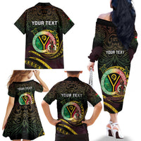Personalised Vanuatu Family Matching Off The Shoulder Long Sleeve Dress and Hawaiian Shirt Yumi 46th Hapi Independens Dei - Black Version LT14 - Polynesian Pride