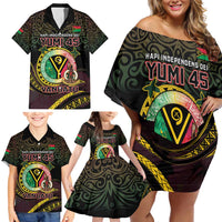 Personalised Vanuatu Family Matching Off Shoulder Short Dress and Hawaiian Shirt Yumi 46th Hapi Independens Dei - Black Version LT14 - Polynesian Pride