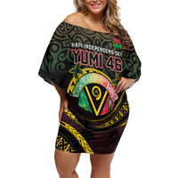 Personalised Vanuatu Family Matching Off Shoulder Short Dress and Hawaiian Shirt Yumi 46th Hapi Independens Dei - Black Version LT14 Mom's Dress Black - Polynesian Pride