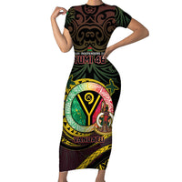 Personalised Vanuatu Short Sleeve Bodycon Dress Yumi 46th Hapi Independens Dei - Black Version LT14 Long Dress Black - Polynesian Pride