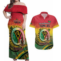 Personalised Vanuatu Couples Matching Off Shoulder Maxi Dress and Hawaiian Shirt Yumi 46th Hapi Independens Dei - Reggae Version LT14 Reggae - Polynesian Pride