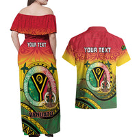 Personalised Vanuatu Couples Matching Off Shoulder Maxi Dress and Hawaiian Shirt Yumi 46th Hapi Independens Dei - Reggae Version LT14 - Polynesian Pride
