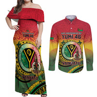 Personalised Vanuatu Couples Matching Off Shoulder Maxi Dress and Long Sleeve Button Shirt Yumi 46th Hapi Independens Dei - Reggae Version LT14 Reggae - Polynesian Pride