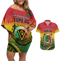 Personalised Vanuatu Couples Matching Off Shoulder Short Dress and Hawaiian Shirt Yumi 46th Hapi Independens Dei - Reggae Version LT14 Reggae - Polynesian Pride