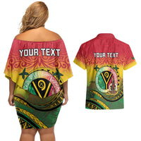 Personalised Vanuatu Couples Matching Off Shoulder Short Dress and Hawaiian Shirt Yumi 46th Hapi Independens Dei - Reggae Version LT14 - Polynesian Pride