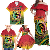 Personalised Vanuatu Family Matching Off Shoulder Maxi Dress and Hawaiian Shirt Yumi 46th Hapi Independens Dei - Reggae Version LT14 - Polynesian Pride