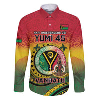 Personalised Vanuatu Family Matching Off Shoulder Maxi Dress and Hawaiian Shirt Yumi 46th Hapi Independens Dei - Reggae Version LT14 Dad's Shirt - Long Sleeve Reggae - Polynesian Pride
