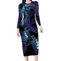 Polynesia Sea Turtle Day Long Sleeve Bodycon Dress Tribal Honu Plumeria Polynesian Pattern