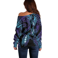 Polynesia Sea Turtle Day Off Shoulder Sweater Tribal Honu Plumeria Polynesian Pattern